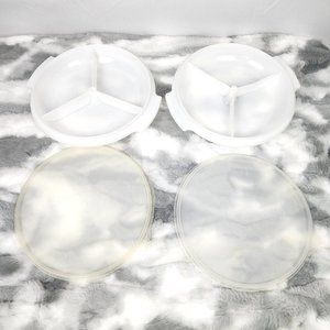 2 Tupperware Vintage White Suzette 3 Section Divided Serving Dishes w/ Lids